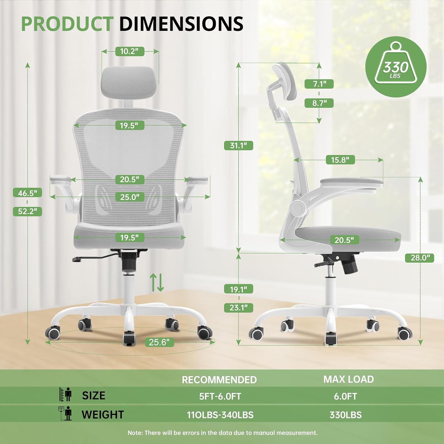 Office Chair|330LBS Capacity Ergonomic Desk Chair | High Back Computer Chair,Long Hours Comfortable,Rolling Swivel,Flip-up Armrests,Home Office