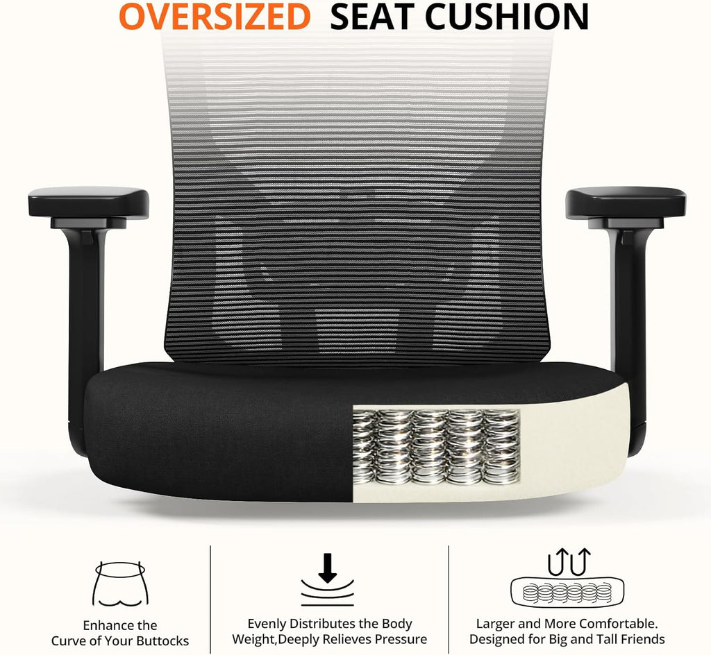 500 lbs Big and Tall Office Chair with Spring-Supported for Heavy People | Comfort Extra-Wide Seat Cushion, 3D Armrests, Heavy Duty Mesh Desk Chairs,Breathable