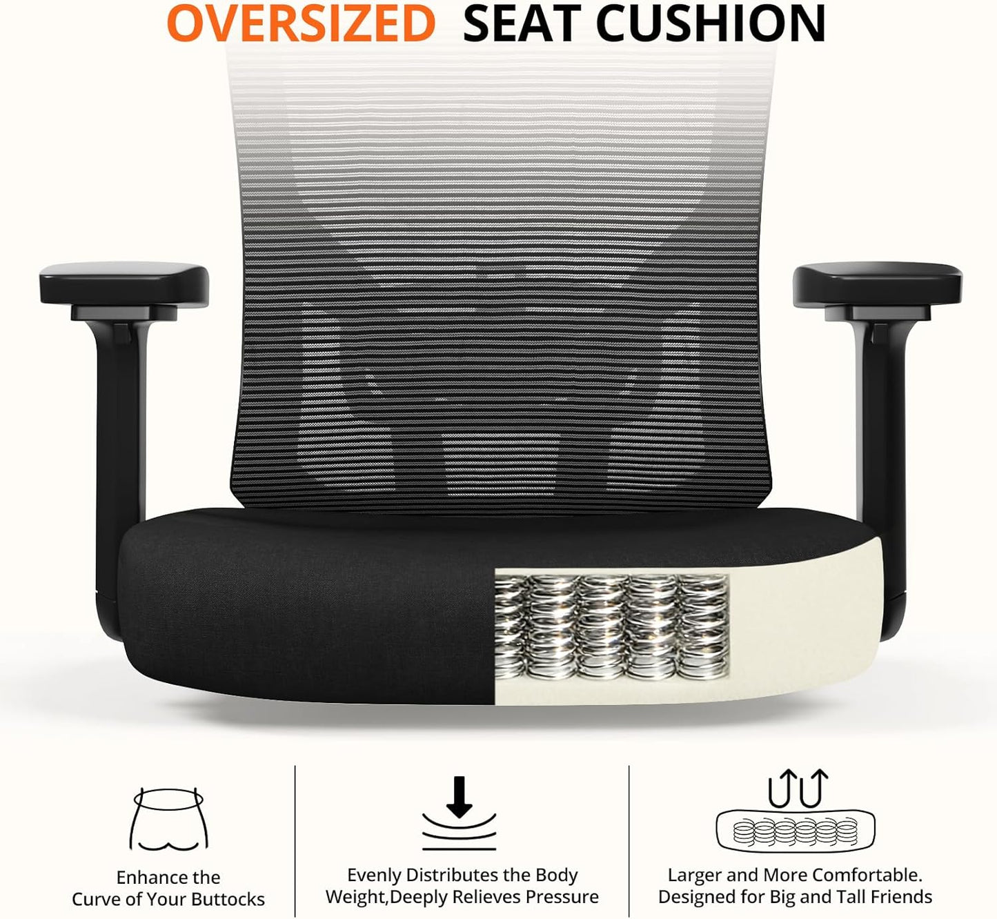 500 lbs Big and Tall Office Chair with Spring-Supported for Heavy People | Comfort Extra-Wide Seat Cushion, 3D Armrests, Heavy Duty Mesh Desk Chairs,Breathable