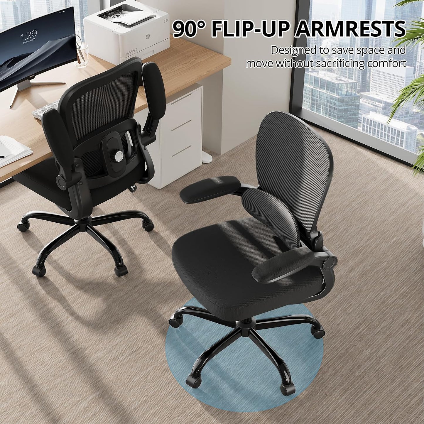 Ergonomic Mesh Office Chair with Adjustable Lumbar Support, Black | 330 LB Capacity,Flip-Up Arms,All-Day Comfort,Desk chairs,Breathable Mesh
