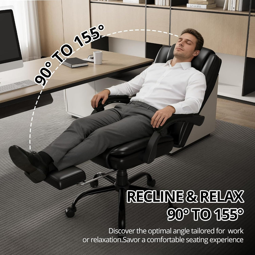 350lbs Big and Tall Executive Office Chair with Footrest | Reclining ,Wide Seat with Pocket Spring,Lumbar Support and Pillow,High Back Leather Desk Chair