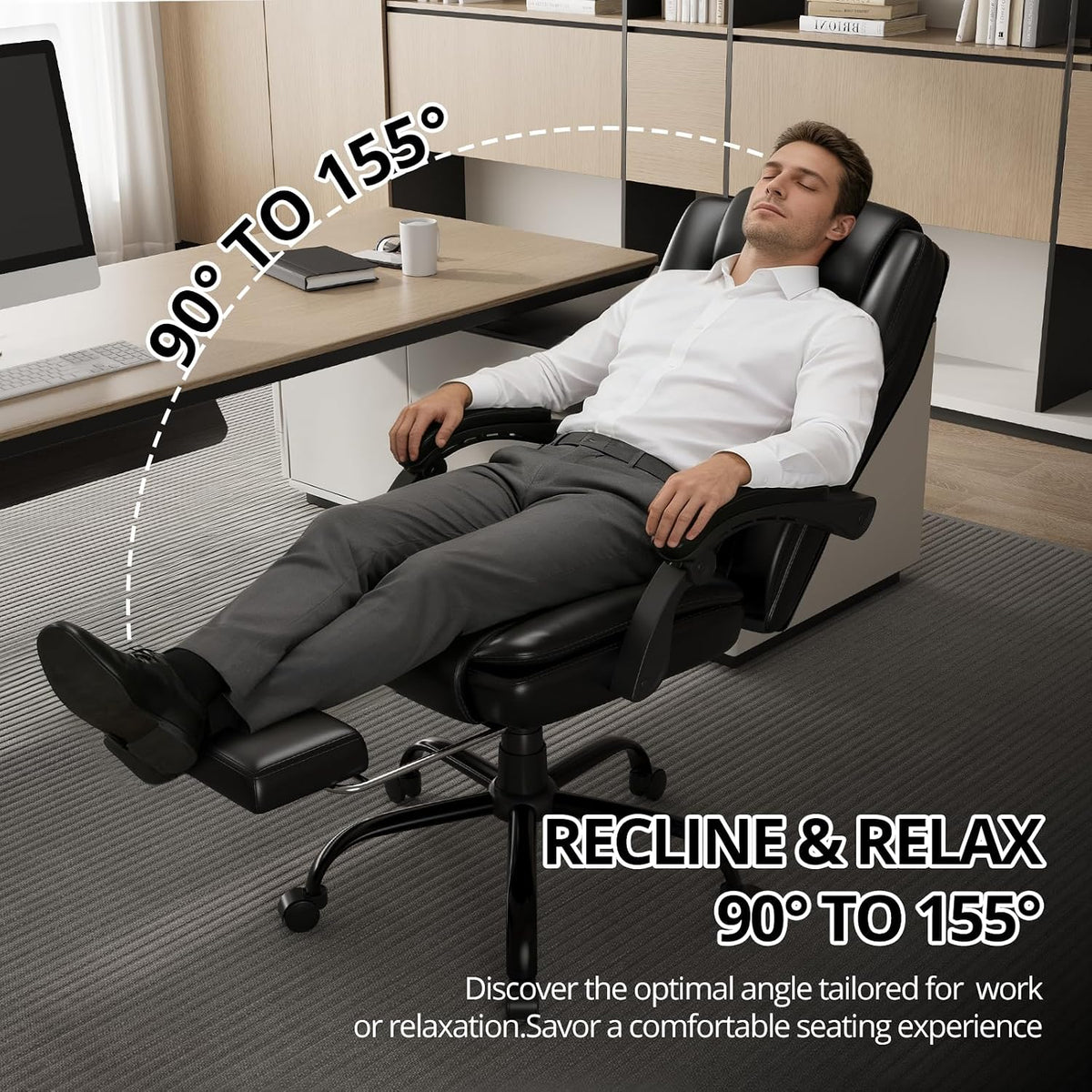 350lbs Big and Tall Executive Office Chair with Footrest | Reclining ,Wide Seat with Pocket Spring,Lumbar Support and Pillow,High Back Leather Desk Chair