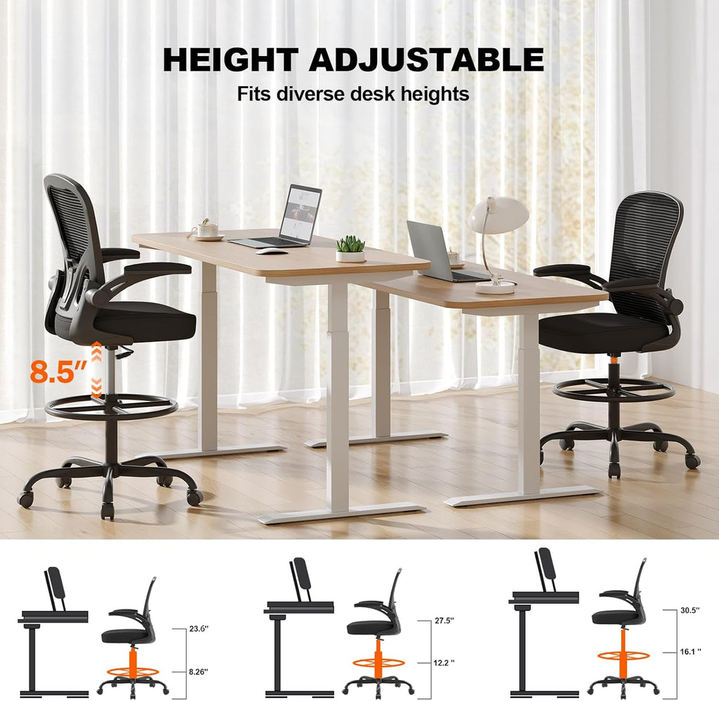 Ergonomic Tall Drafting Chair-Mesh Desk Chair with Flip-Up Arms | Adjustable Height,Lumbar Support,Adjustable Footrest Ring,Standing Desk,Breathable Backrest