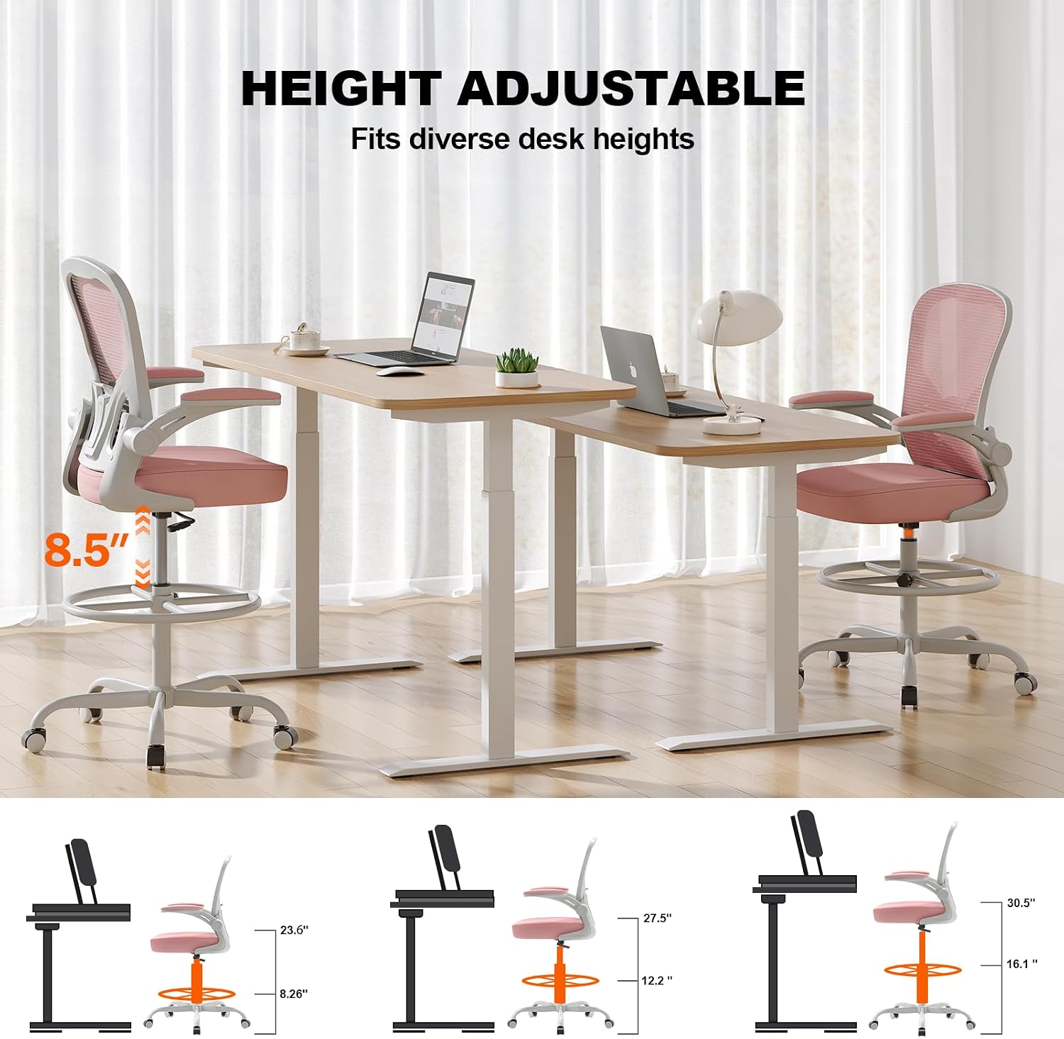 Ergonomic Tall Drafting Chair-Mesh Desk Chair with Flip-Up Arms | Adjustable Height,Lumbar Support,Adjustable Footrest Ring,Standing Desk,Breathable Backrest