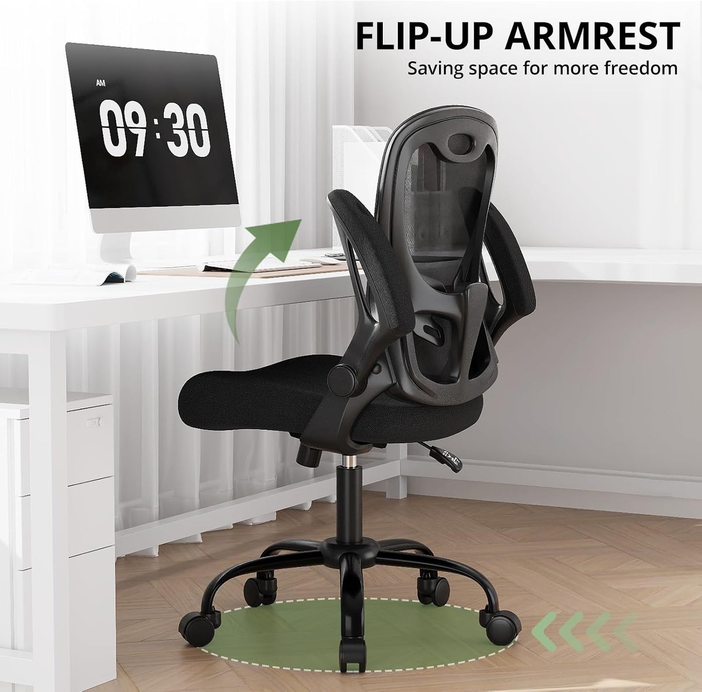 Office Chair 330 lbs Capacity, Ergonomic Breathable Mesh Desk Chair with Lumbar Support & Flip-Up Armrest, High Back Computer Chair for Home Office, Black