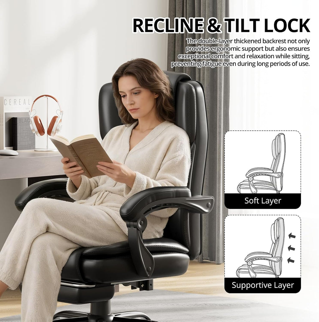 350lbs Big and Tall Executive Office Chair with Footrest | Reclining ,Wide Seat with Pocket Spring,Lumbar Support and Pillow,High Back Leather Desk Chair