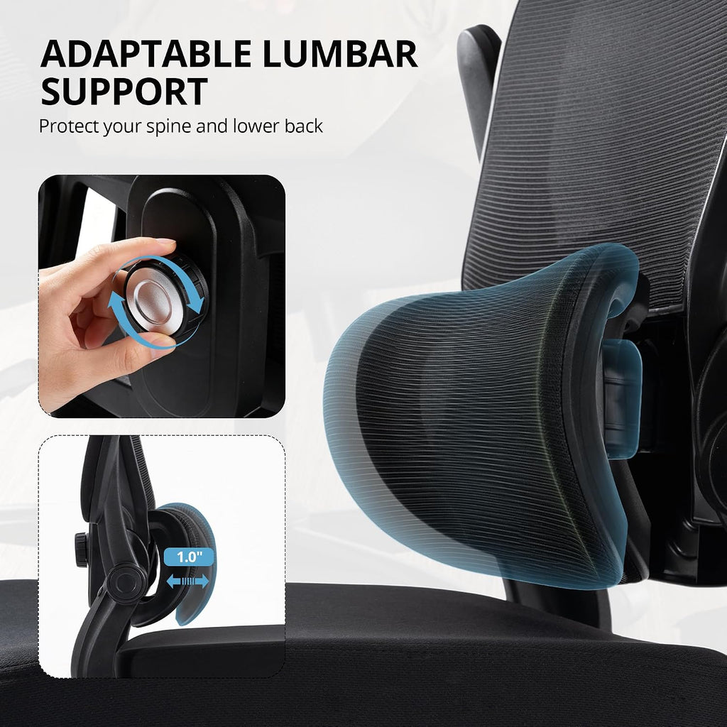 Ergonomic Mesh Office Chair with Adjustable Lumbar Support, Black | 330 LB Capacity,Flip-Up Arms,All-Day Comfort,Desk chairs,Breathable Mesh