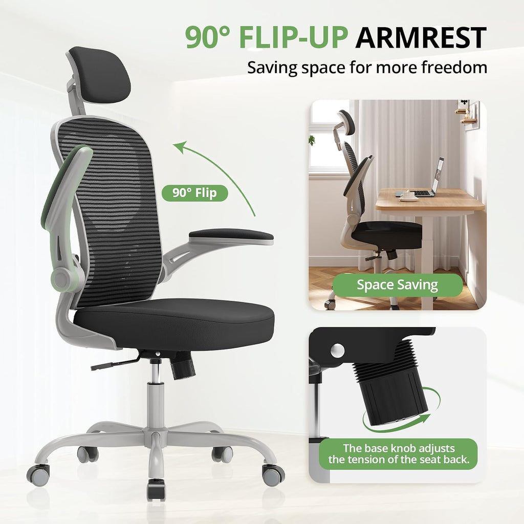 Office Chair|330LBS Capacity Ergonomic Desk Chair | High Back Computer Chair,Long Hours Comfortable,Rolling Swivel,Flip-up Armrests,Home Office