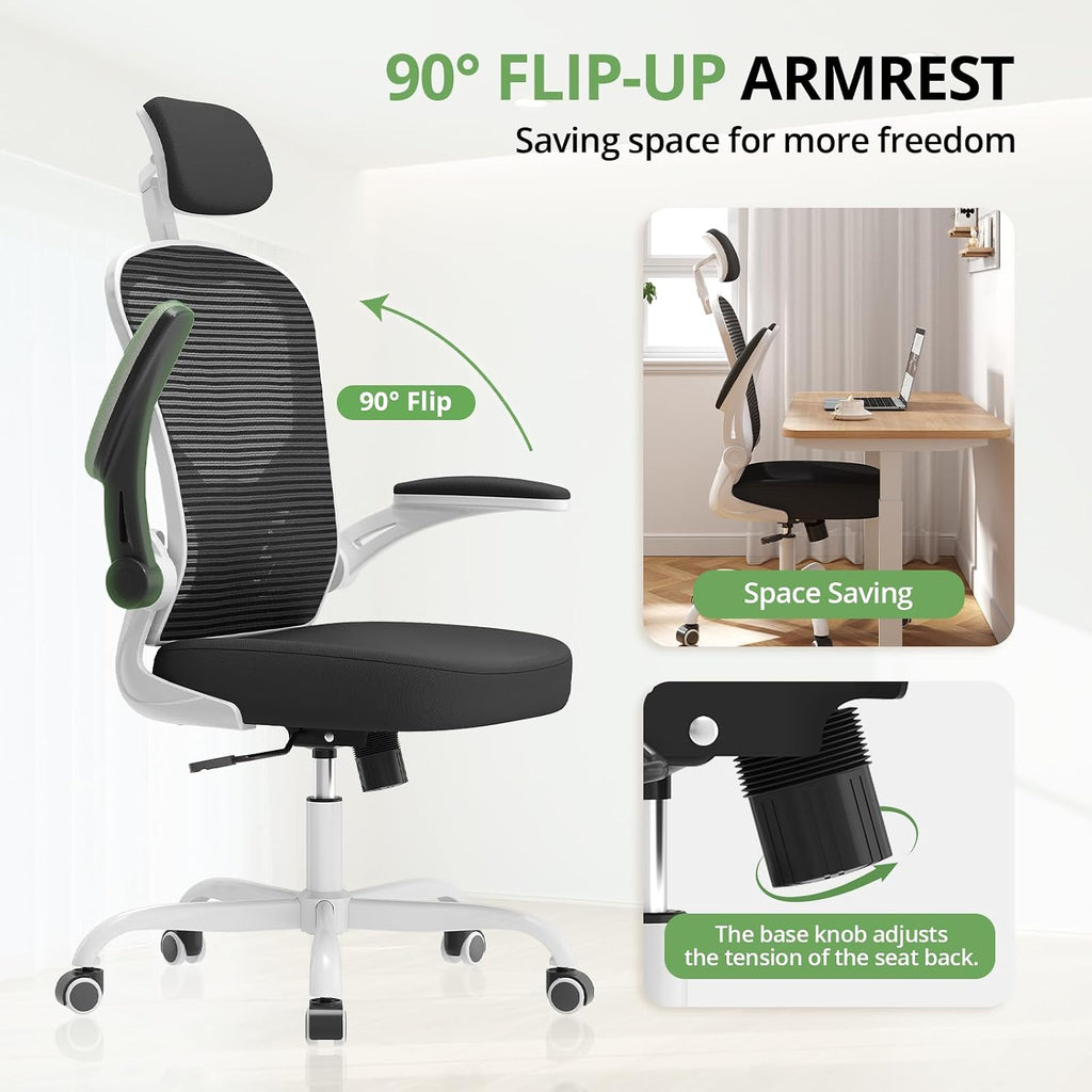 Office Chair|330LBS Capacity Ergonomic Desk Chair | High Back Computer Chair,Long Hours Comfortable,Rolling Swivel,Flip-up Armrests,Home Office