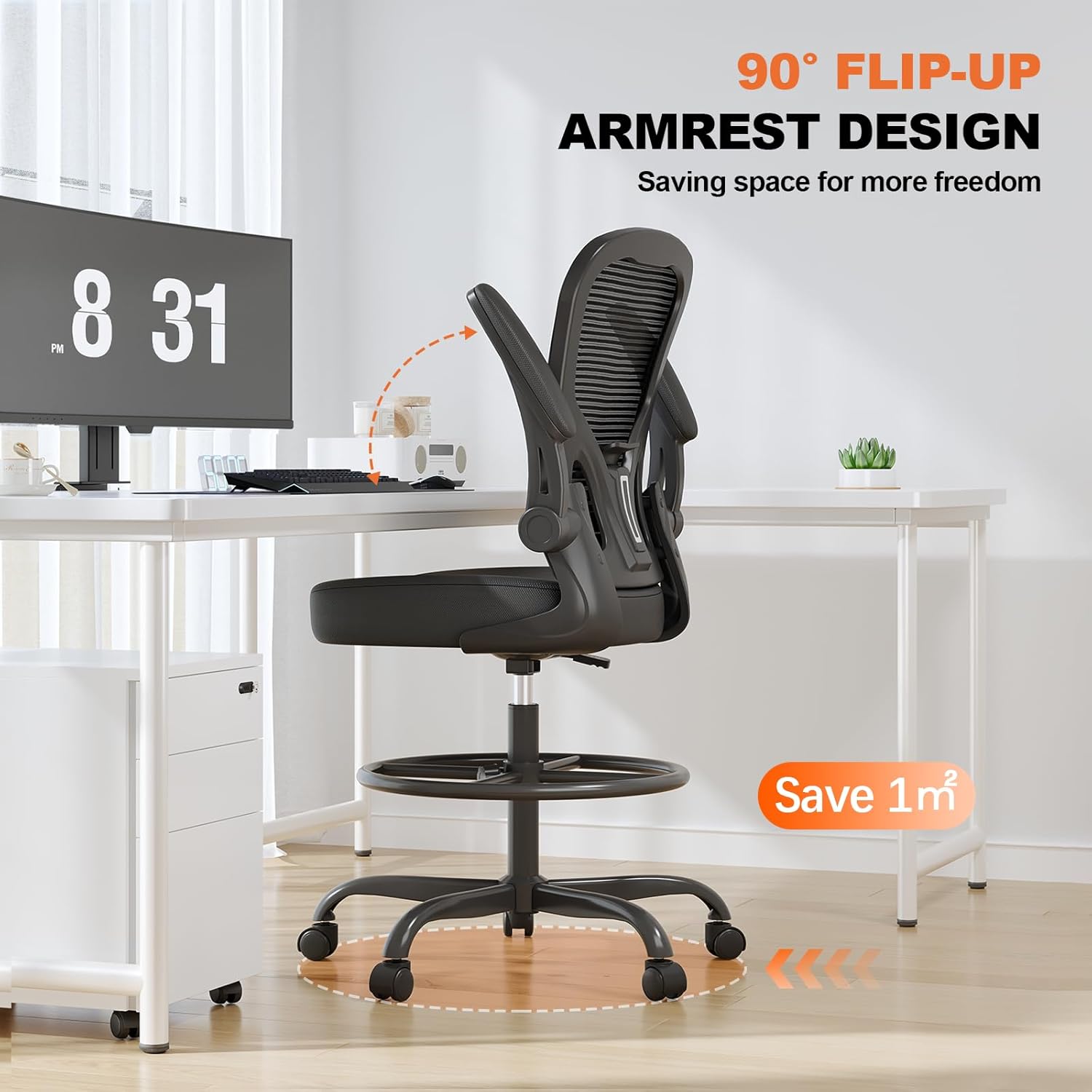 Ergonomic Tall Drafting Chair-Mesh Desk Chair with Flip-Up Arms | Adjustable Height,Lumbar Support,Adjustable Footrest Ring,Standing Desk,Breathable Backrest