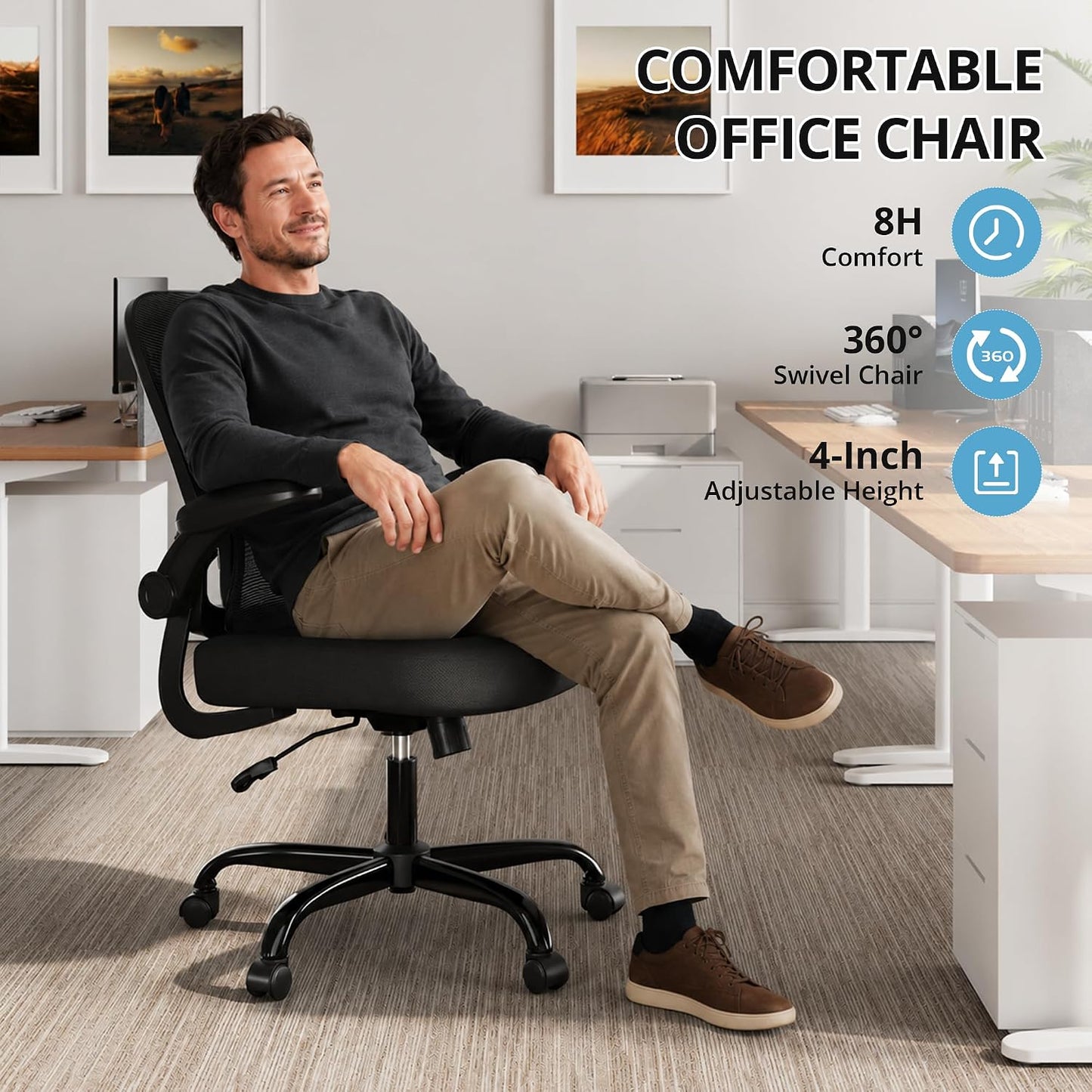 Ergonomic Mesh Office Chair with Adjustable Lumbar Support, Black | 330 LB Capacity,Flip-Up Arms,All-Day Comfort,Desk chairs,Breathable Mesh