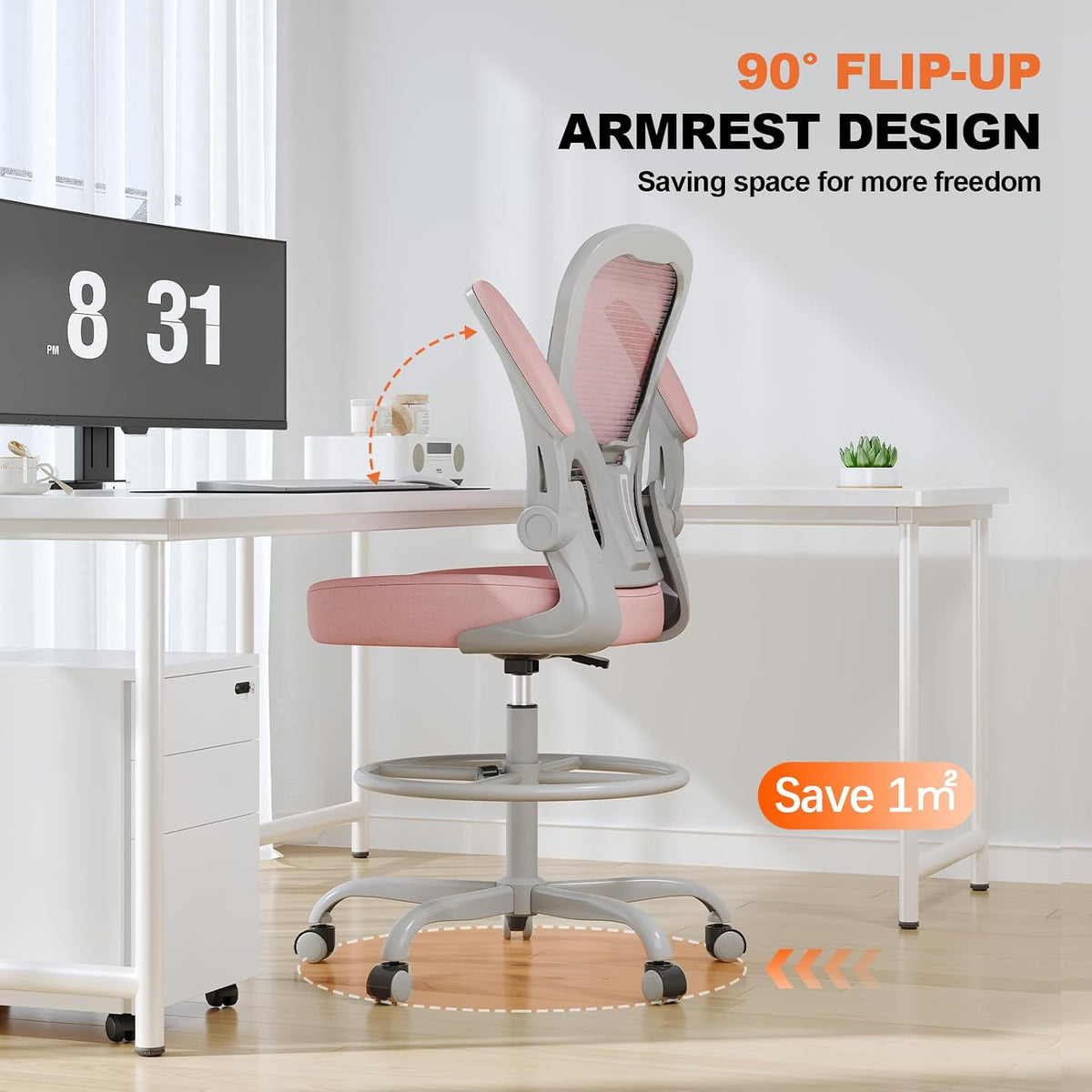 Ergonomic Tall Drafting Chair-Mesh Desk Chair with Flip-Up Arms | Adjustable Height,Lumbar Support,Adjustable Footrest Ring,Standing Desk,Breathable Backrest