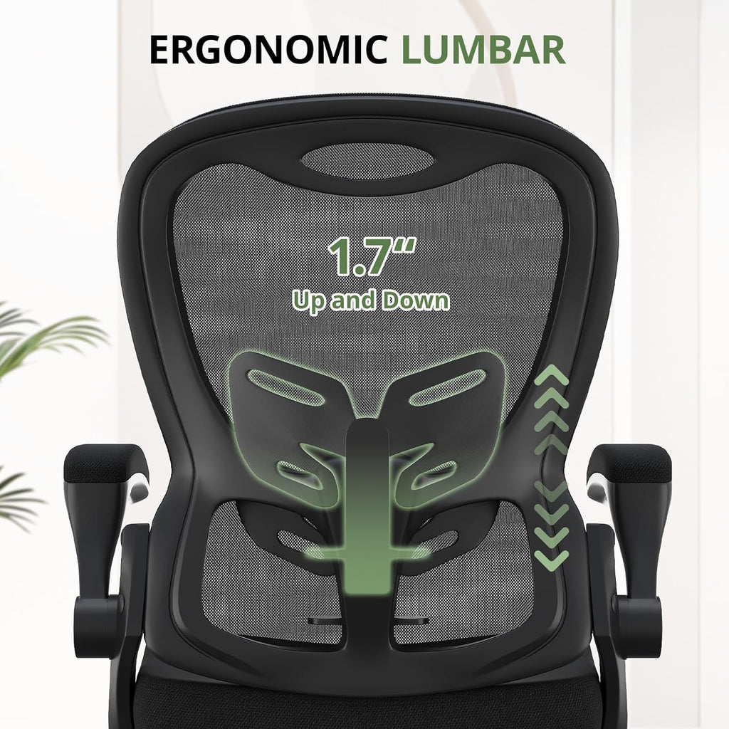 Office Chair 330 lbs Capacity, Ergonomic Breathable Mesh Desk Chair with Lumbar Support & Flip-Up Armrest, High Back Computer Chair for Home Office, Black