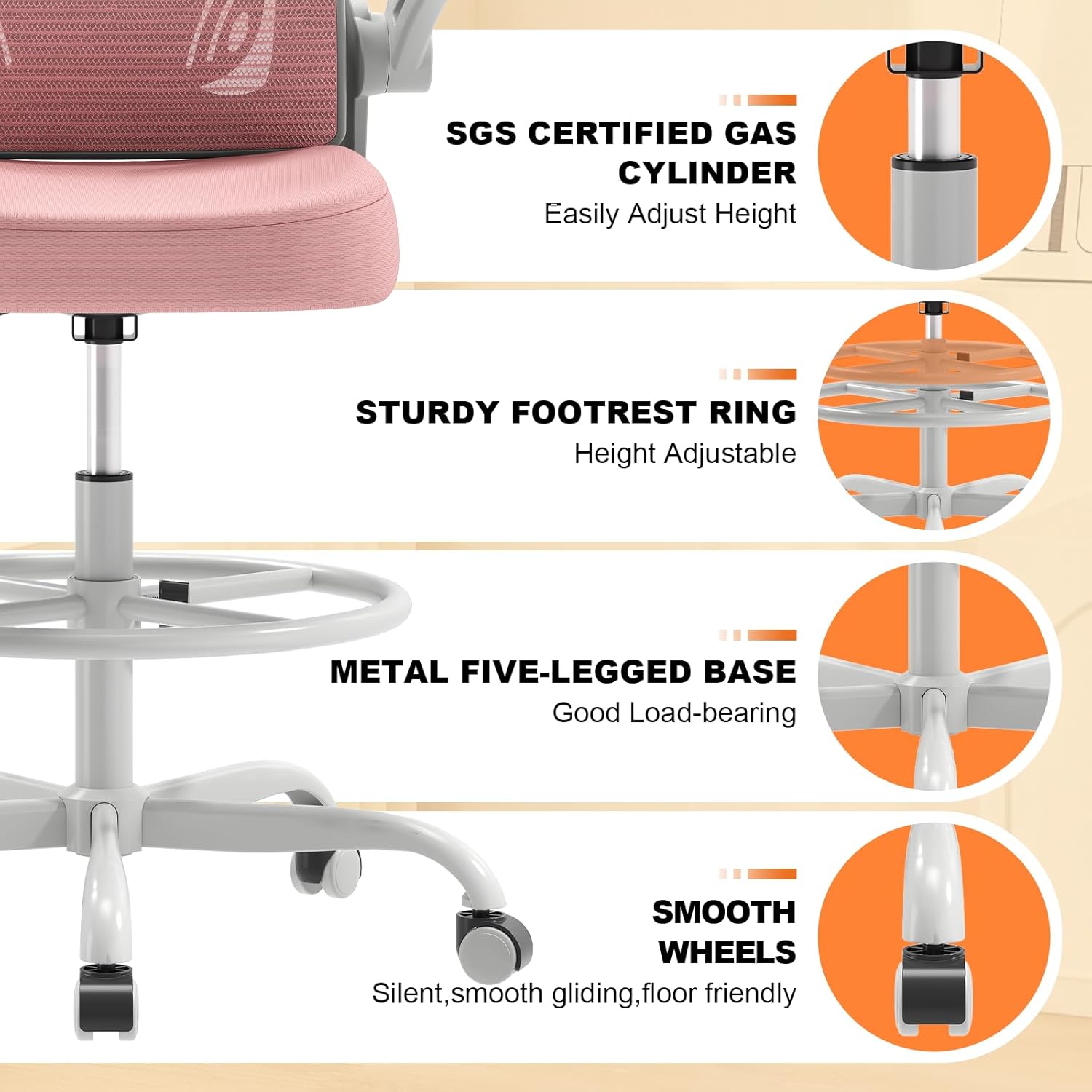 Ergonomic Tall Drafting Chair-Mesh Desk Chair with Flip-Up Arms | Adjustable Height,Lumbar Support,Adjustable Footrest Ring,Standing Desk,Breathable Backrest