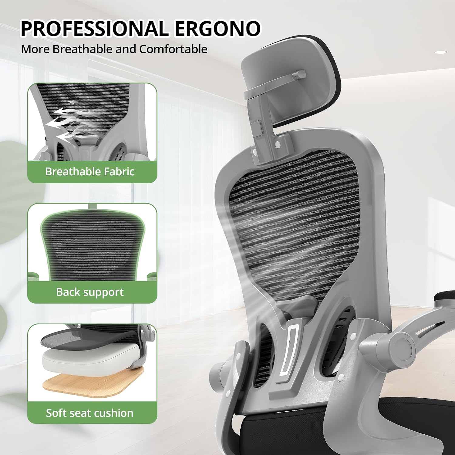 Office Chair|330LBS Capacity Ergonomic Desk Chair | High Back Computer Chair,Long Hours Comfortable,Rolling Swivel,Flip-up Armrests,Home Office