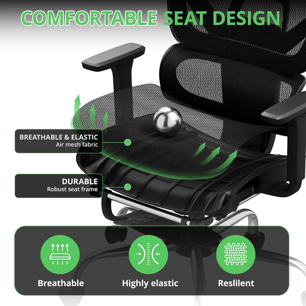 Ergonomic Office Chair with Footrest, Mesh Desk Chair with 135° Recline, Adjustable Lumbar Support, 3D Armrests and Headrest, Swivel Computer Chair for Home Office