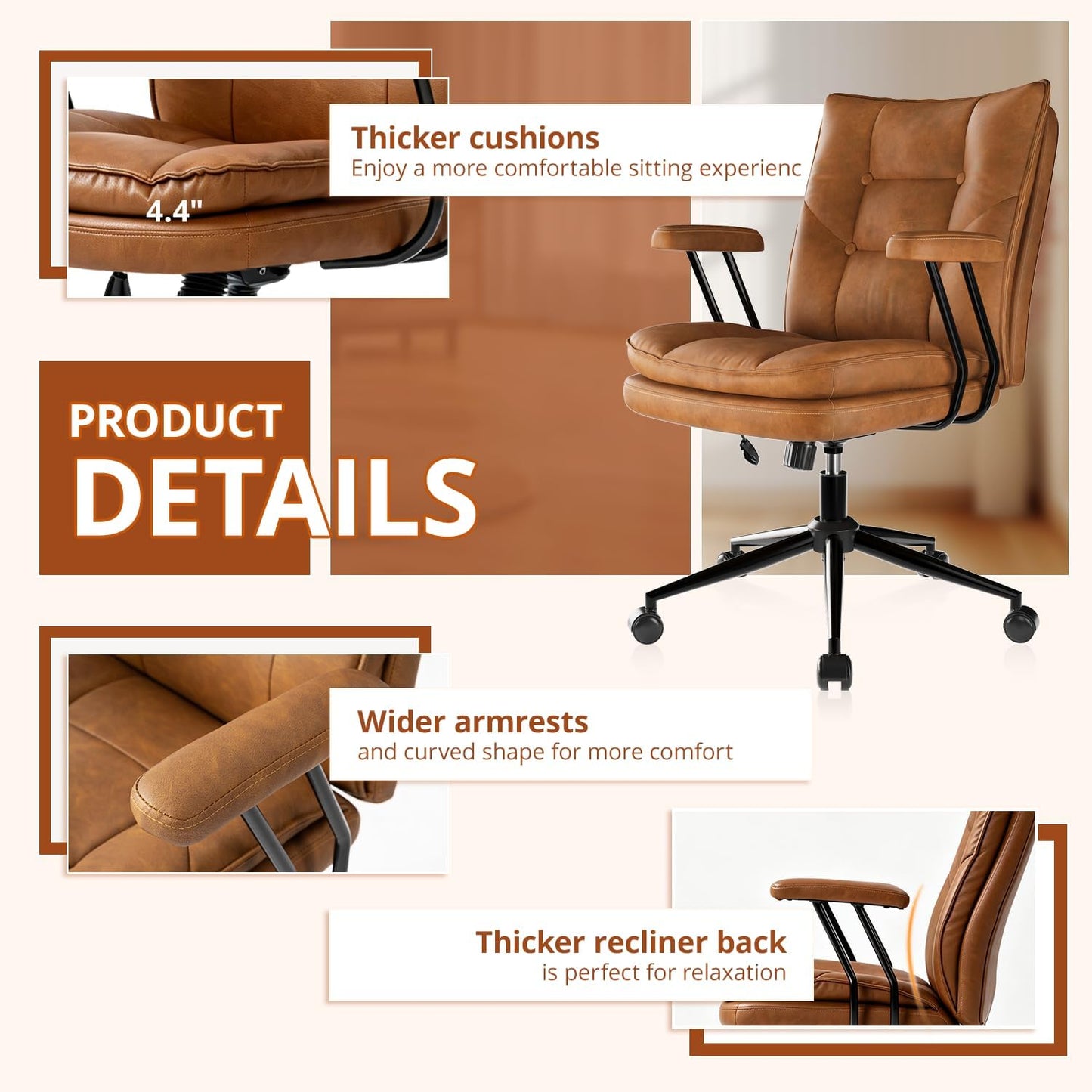 Ergonomic Home Office Chair Leather Desk Chairs with Adjustable Height | Thickened Cushions, Comfy Executive Armchair,Home Office Gaming