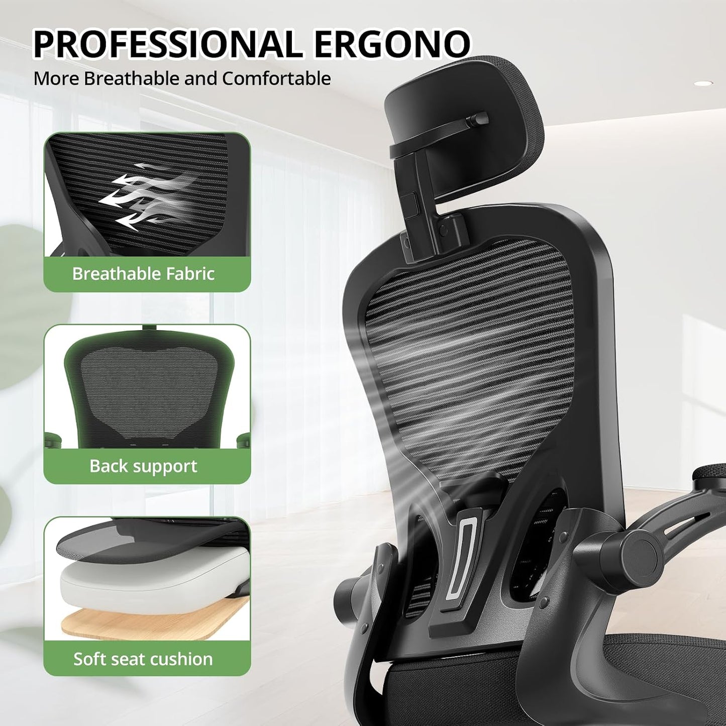 Office Chair|330LBS Capacity Ergonomic Desk Chair | High Back Computer Chair,Long Hours Comfortable,Rolling Swivel,Flip-up Armrests,Home Office
