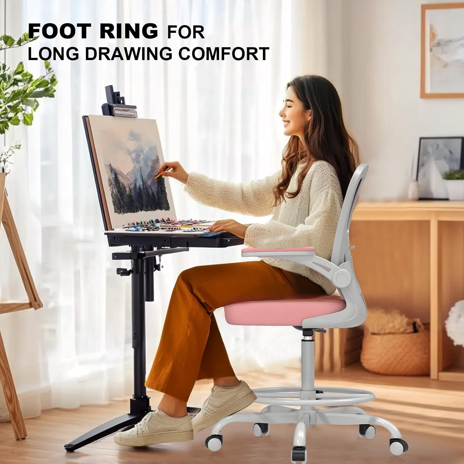 Ergonomic Tall Drafting Chair-Mesh Desk Chair with Flip-Up Arms | Adjustable Height,Lumbar Support,Adjustable Footrest Ring,Standing Desk,Breathable Backrest