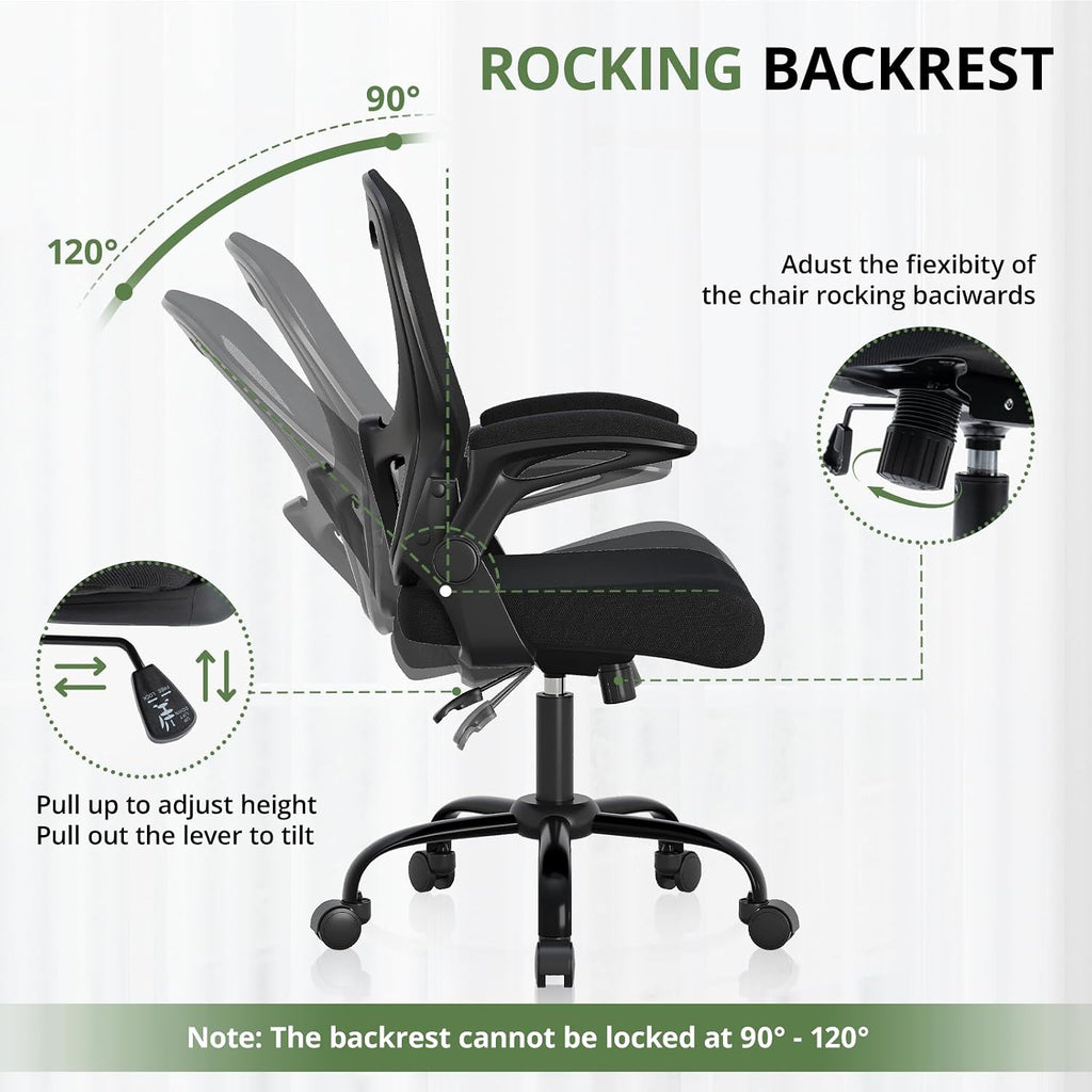 Office Chair 330 lbs Capacity, Ergonomic Breathable Mesh Desk Chair with Lumbar Support & Flip-Up Armrest, High Back Computer Chair for Home Office, Black