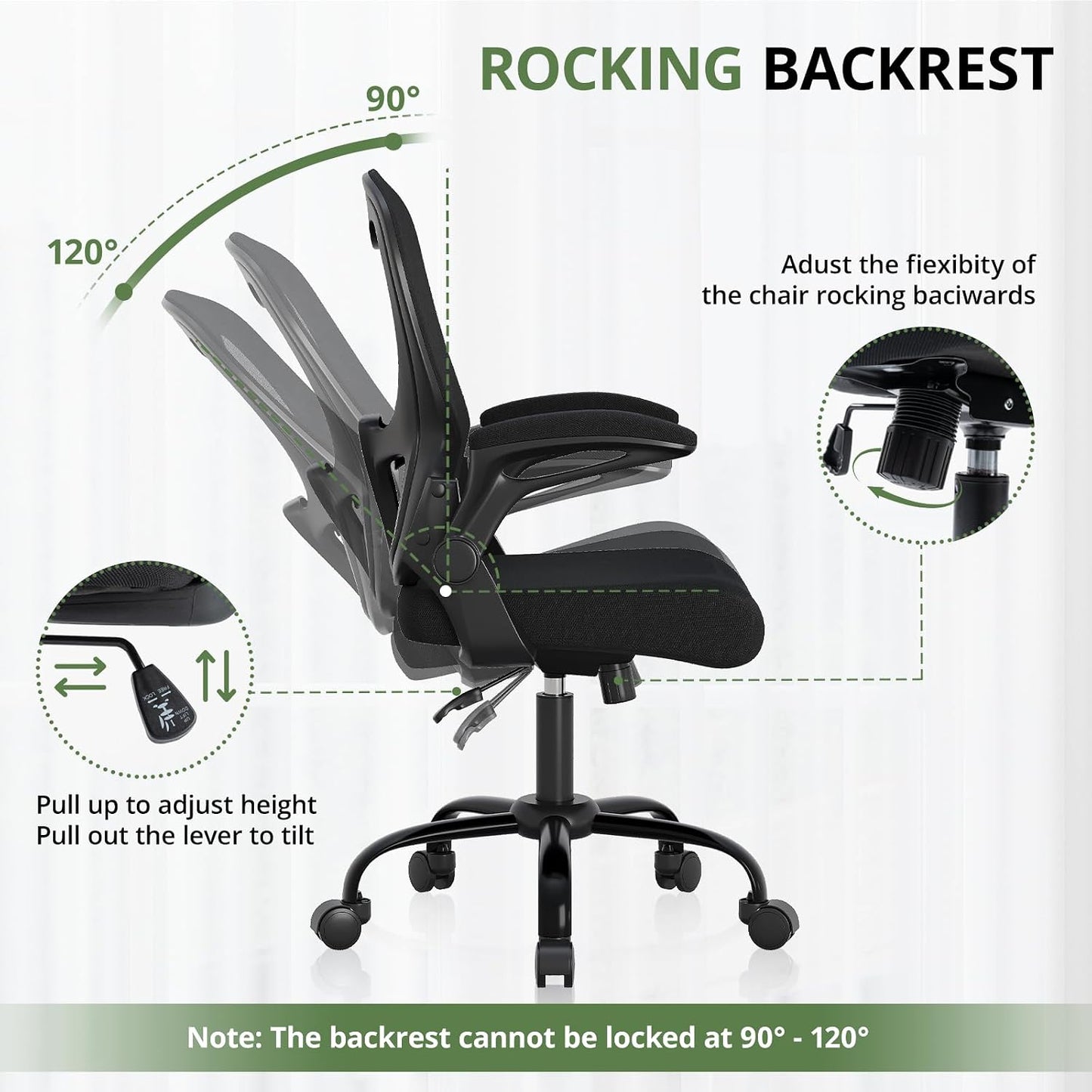 Office Chair 330 lbs Capacity, Ergonomic Breathable Mesh Desk Chair with Lumbar Support & Flip-Up Armrest, High Back Computer Chair for Home Office, Black