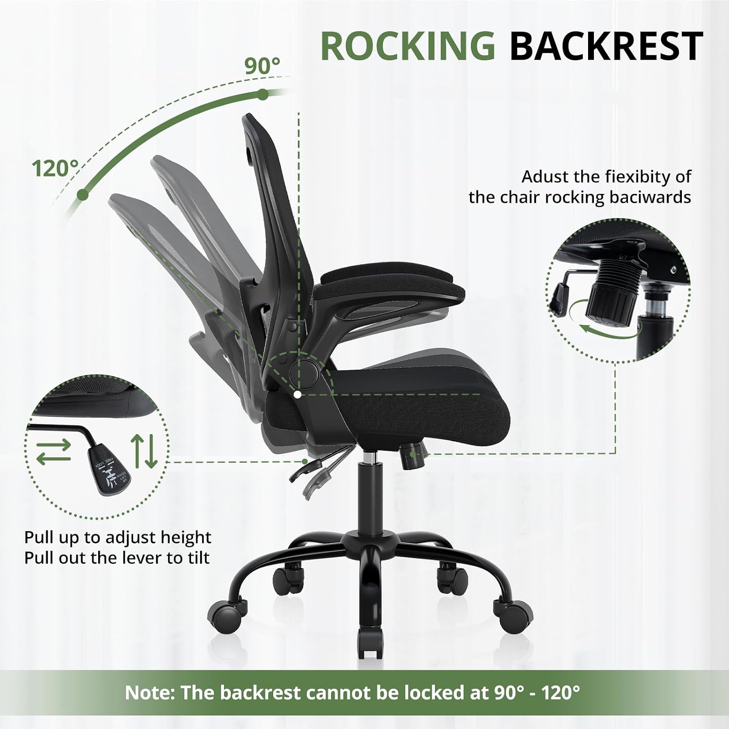 Office Chair 330 lbs Capacity, Ergonomic Breathable Mesh Desk Chair with Lumbar Support & Flip-Up Armrest, High Back Computer Chair for Home Office, Black