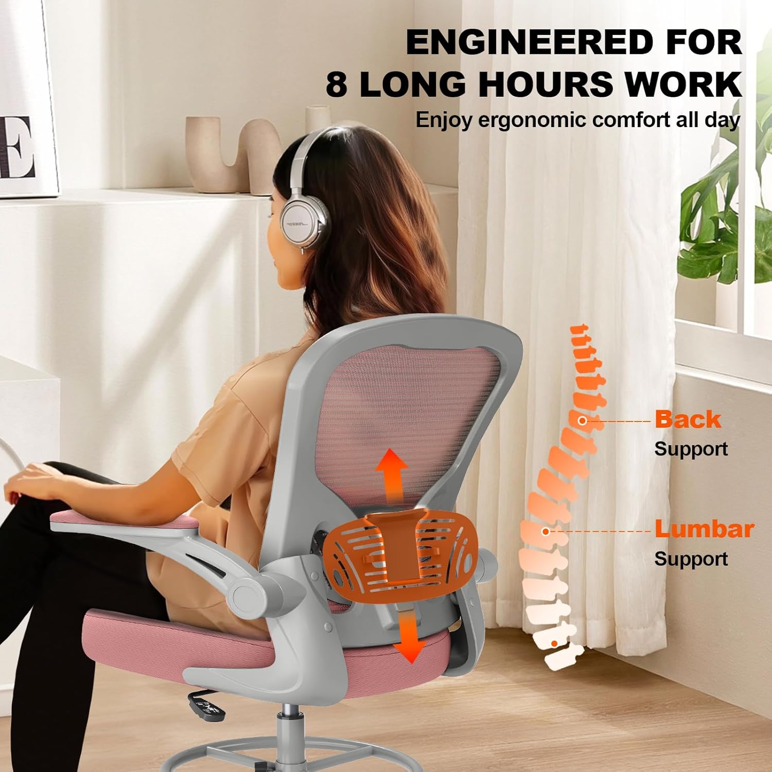 Ergonomic Tall Drafting Chair-Mesh Desk Chair with Flip-Up Arms | Adjustable Height,Lumbar Support,Adjustable Footrest Ring,Standing Desk,Breathable Backrest