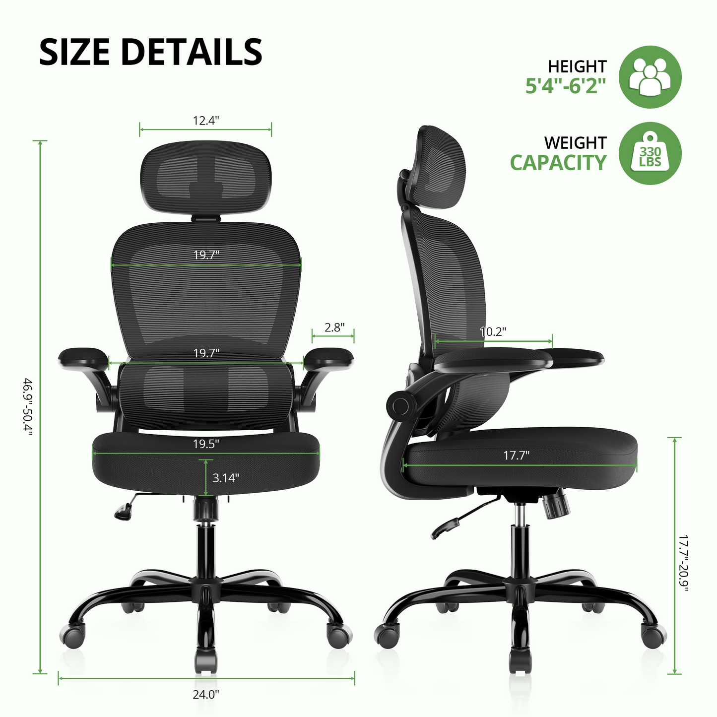 Ergonomic Office Chair 330 lb with Wheels, Lumbar Support & Headrest