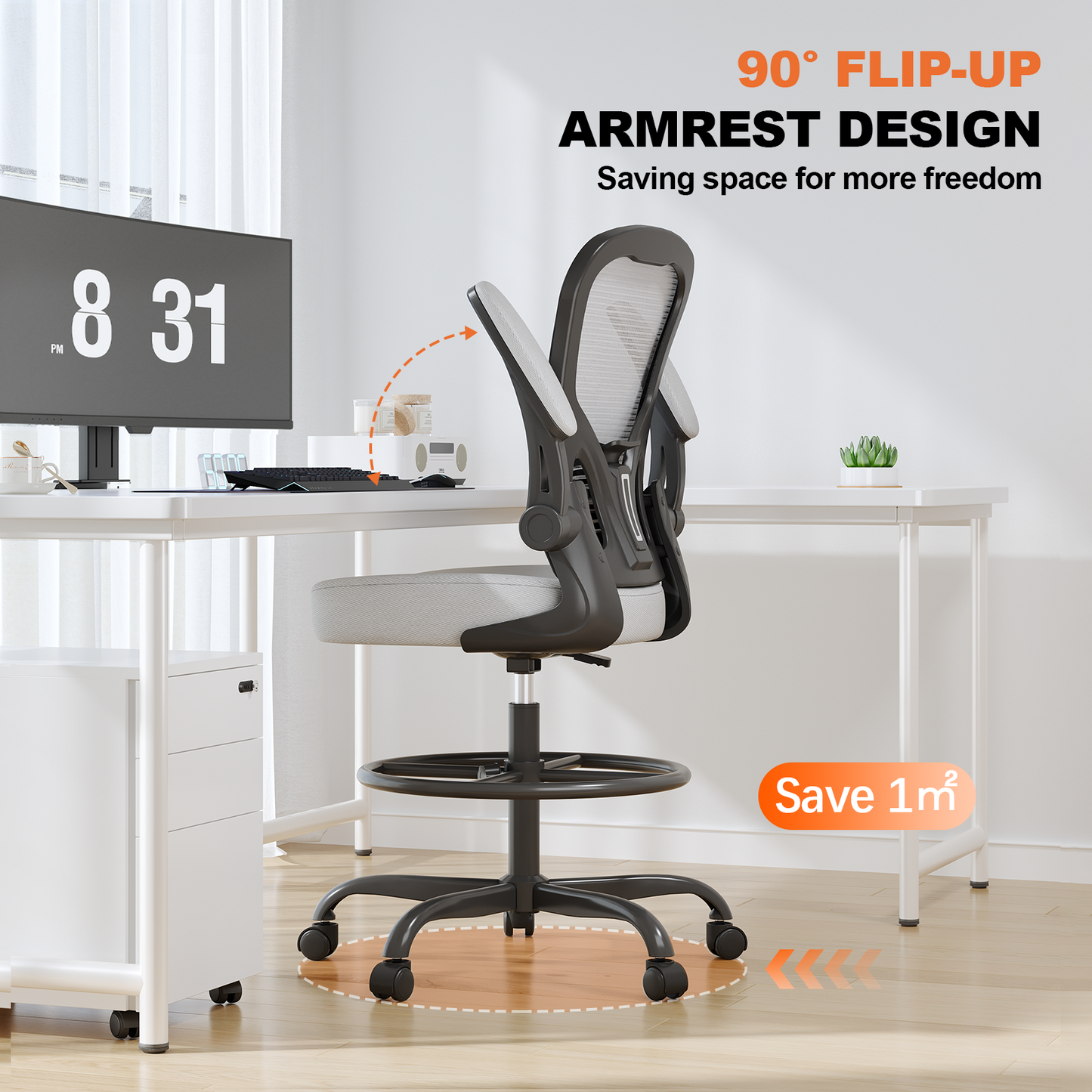 Ergonomic Drafting Chair with Lumbar Support Adjustable Footrest Ring Grey